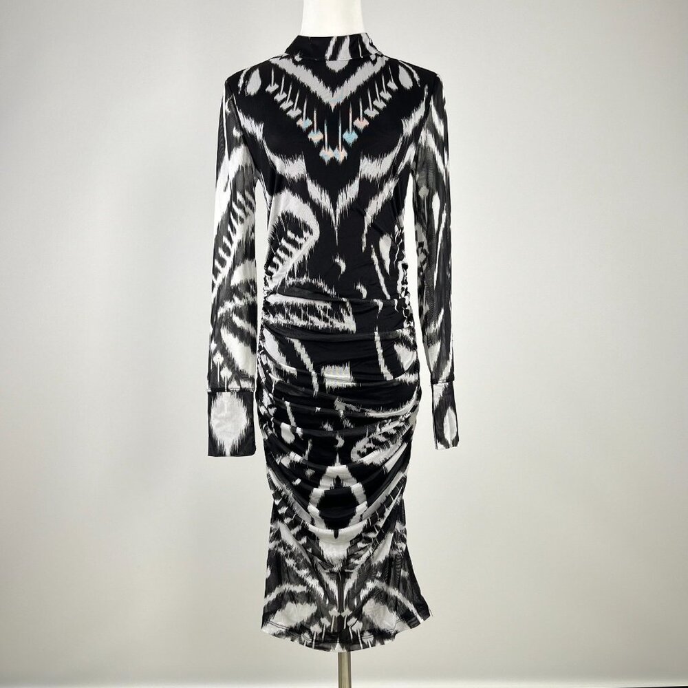 NWOT Farm Rio Pineapple Ikat Tulle Midi Dress Long Sleeves Size M Black White - Picture 3 of 13